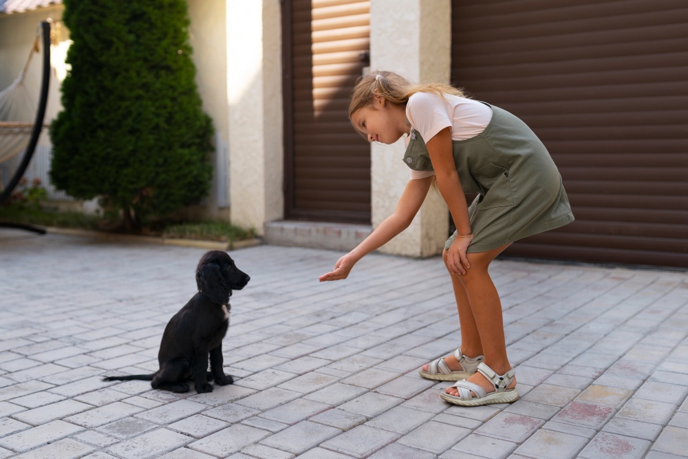 Dog and child playing safely in driveway