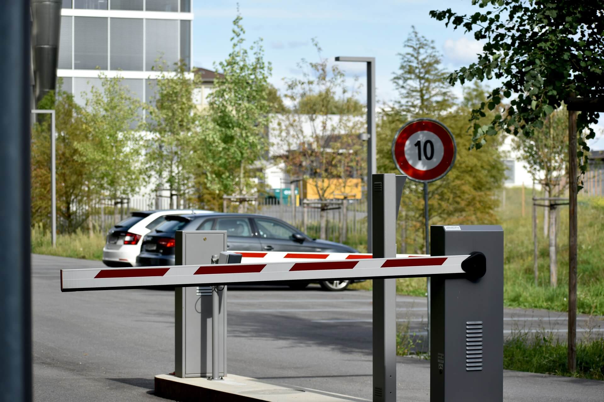 A boom gate at the entrance of a car park